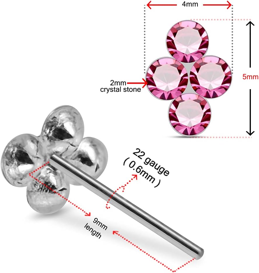 Four Crystal Stones Flower 22 Gauge 925 Sterling Silver Straight Nose Pin - Nose Stud - Tiny Nose Ring - Nose Piercing Body Jewelry