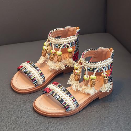 Girls Summer Bohemian Sandals Kids Summer Beach Vacation Open Toe Ankle Strap with Tassel Flat Gladiator Sandal4