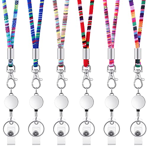 6 Pieces Boho Lanyards for ID Badges, Boho Lanyards with Retractable Reels, Colorful Bohemian Designer Lanyards for Keychain (Silver Holder Style)