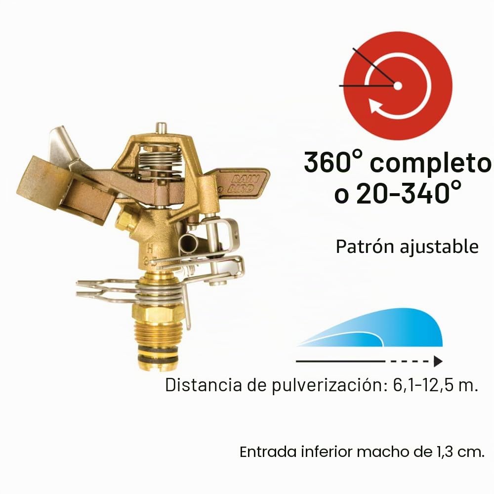 Rain Bird 25PJDAC - Aspersor de Impacto de latón, Ajustable, patrón de 20° a 360°, Distancia de pulverización de 20' a 41'