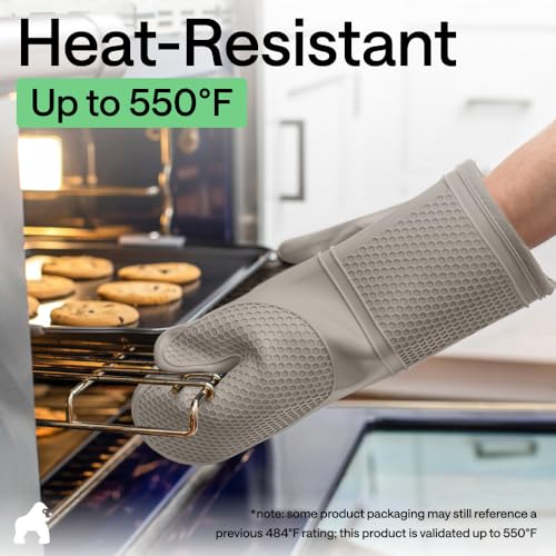 Image of GORILLA GRIP BPA-Free Soft Silicone Oven Mitts, 550F Heat Resistant Waterproof Cooking Safety Gloves, Thick Cotton Lining, Flexible Gripping for BBQ Grilling, Kitchen Potholders Set, 12.5x8.3, Almond