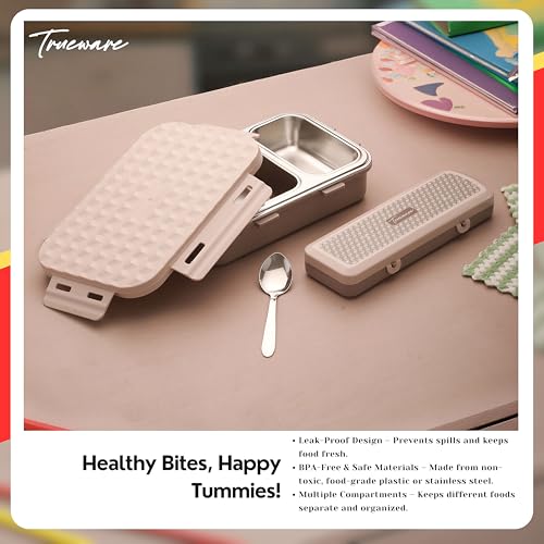 Image of Trueware Crest Lunch Box 2 Compartment Leak-Proof BPA Free Stainless Steel, Lunch Box for Kids, Lunch Box for School & Office with a Spoon, 580 ML (LBK-Crest-Light Brown BAZ)
