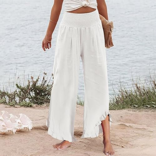 Linen Pants Women Summer Smocked High Waisted Wide Leg Palazzo Pants Casual Ruffle Flowy Beach Pants with Pockets3