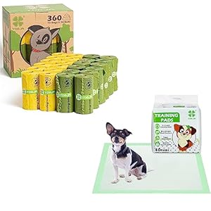 YORJA 360 Dog Poop Bags and 40 Puppy Training Pads, 24″ x 18″ Super Absorbent Pee Pads and Extra Thick Strong 100% Leak Proof Dog waste Bags