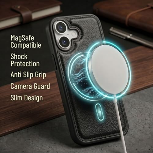 Image of amazon basics Premium PU Leather Case for iPhone 17, MagSafe Compatible Magnetic Ring, Sleek Protective Back Cover - [Black]
