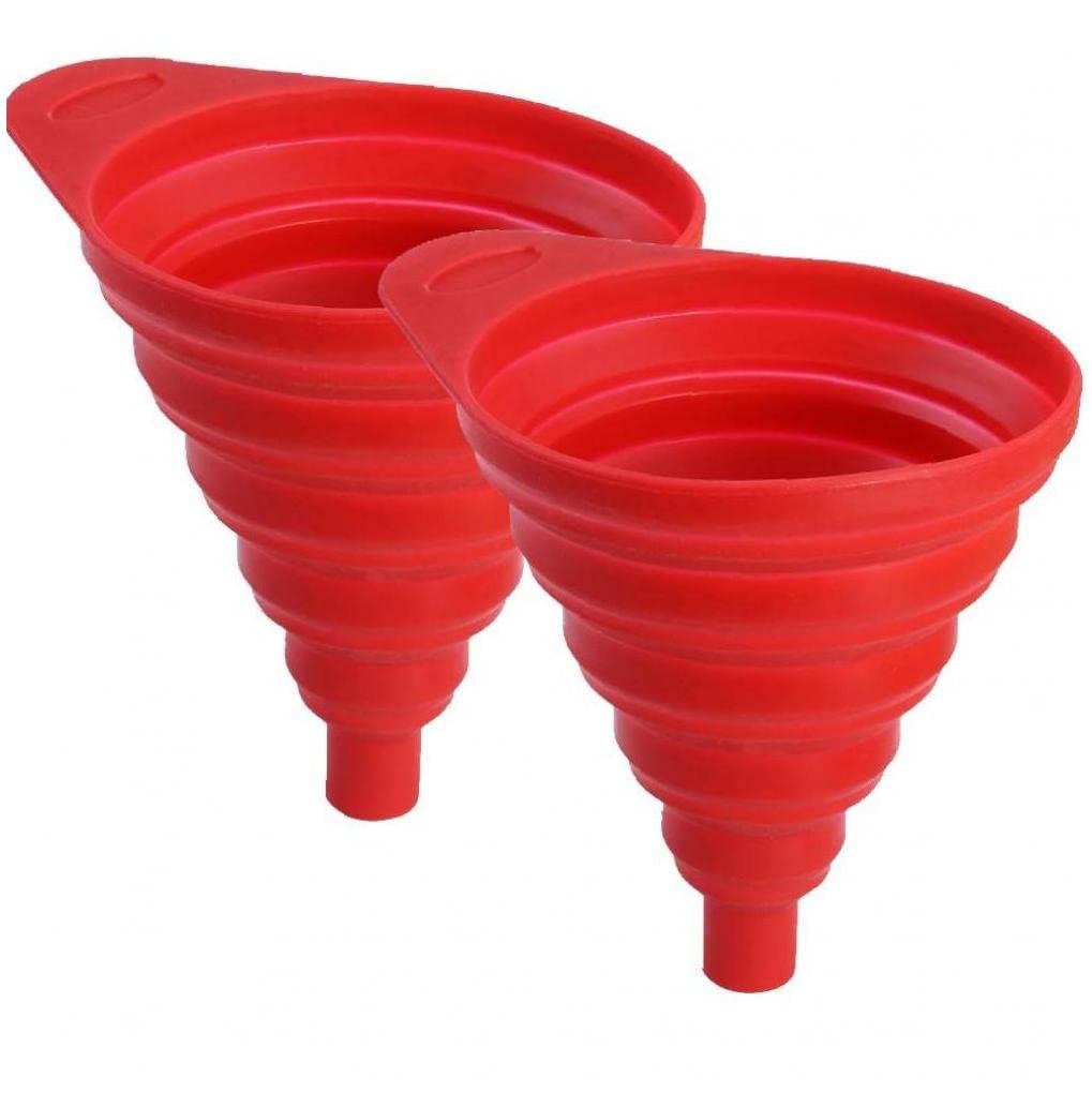 Pinicecore Red 2Pcs Collapsible Silicone Car Funnel Oil Fuel Petrol Liquid Change Fill Transfer Universal Foldable