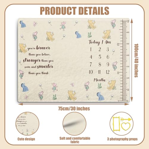 Image of Classic Pooh Baby Monthly Milestone Blanket, Winnie Baby Blanket Growth Chart, Blanket with Photo Tools, with Double-Sided Printed Cardstock(16 Unforgettable Moments of Babies) 30 * 40in