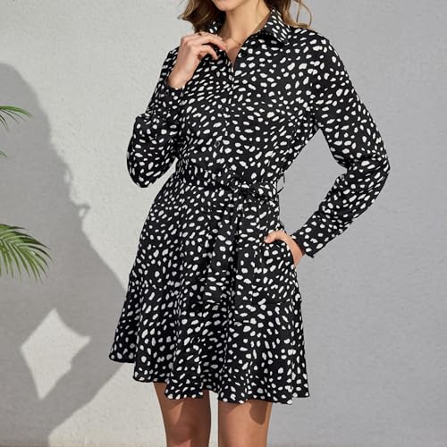 Image of Women's Long Sleeve Button Up Midi Belt Shift Collar Dress with Pockets for Work Office Business
