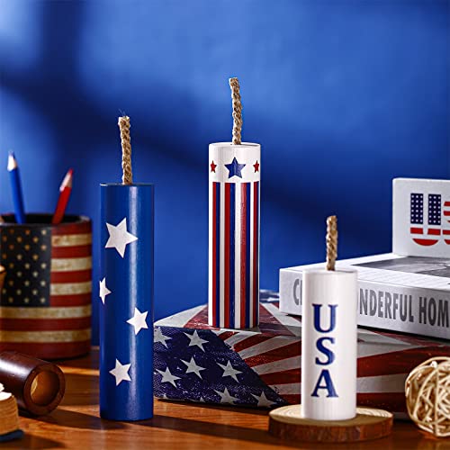 Weysat 3 Pcs 4th of July Decorations, Red White and Blue Firecracker Decor, Wood Patriotic Memorial Day Tiered Tray Decors, Firework 250th Anniversary Tabletop Home Decoration for Table Office Party