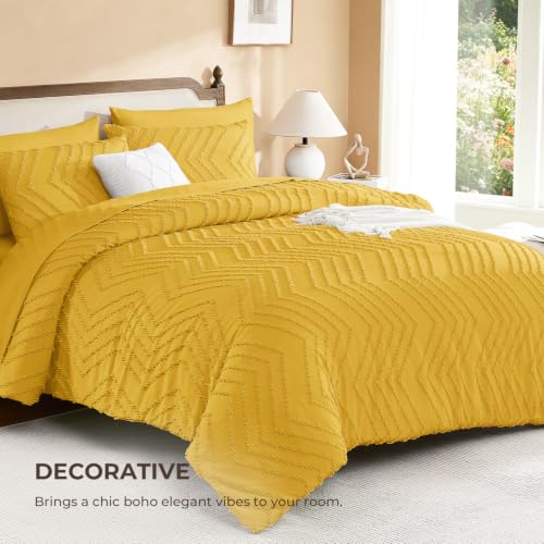 Image of Litanika California King Size Comforter Set with Sheets Mustard Yellow - 7 Pieces Bed in a Bag Cal King Chevron Tufted Complete Bedding Sets with Comforter, Sheets, Pillowcases & Shams