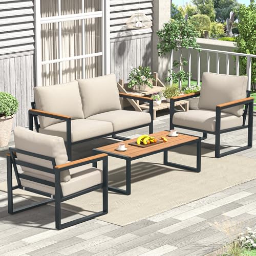COMLAX FIELD Patio Furniture Set, 4 Pieces Outdoor Patio Furniture with Coffee Table Set, Metal Patio Conversation Sets with Washable and High-Resiliency Sponge Cushions, Upgarded Beige