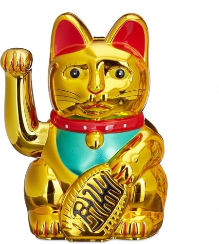 LilaLemon Maneki Neko Feng Shui - Gato de la suerte dorado con brazo móvil de 4.5 pulgadas, decoración de dinero de la fortuna oriental china, regalo para el hogar y la oficina