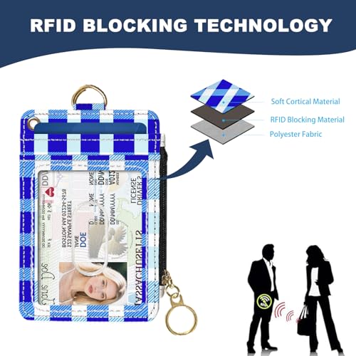 Slim Wallet Credit Card Holder, Blue Checkered X, RFID Wallet Women Cute Small Front Pocket Wallet With Zipper, PU Leather Thin travel RFID Blocking Card Case ID Window,Ladies Gifts4