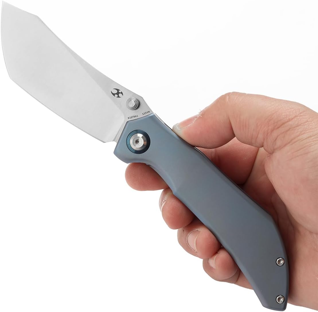 KANSEPT Tipper Pocket Folding Knife, 3.38" Satin Cpm S35vn Steel Blade, Blue Anodized Titanium Handle with Thumb Stud, Frame Lock, Sharp Knives Gift for Men Women Camping Survival Hiking K1079A1
