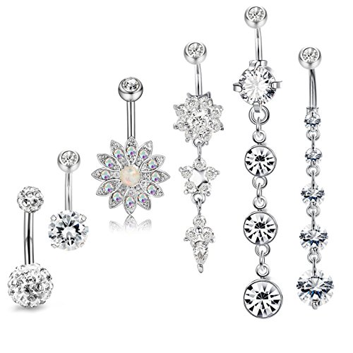 JOERICA 3PCS 14G Stainless Steel Belly Button Rings Navel Body Jewelry Belly Piercing CZ Inlaid (F:6Pcs,Silver-tone)