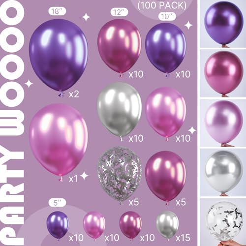 Image of PartyWoo Pink and Purple Balloon Garland, 100 pcs Balloons Different Sizes Pack of 18 Inch 12 Inch 10 Inch 5 Inch Pink Purple Red Silver Metallic Balloons for Birthday Decorations, Party Decorations