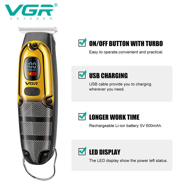 Image of VGR V-981 Professional Digital Display with Turbo function Rechargeable cordless Pro Self Haircut Hair Clipper Beard trimmer Hanging Loop Stainless steel Blades USB Charging cable 3 Guide Comb, Yellow