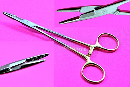 5.5 Inches Serrated Olsen HEGAR Needle Holder Veterinary Dental Instruments German Premium with Gold Handle Rings CYNAMED