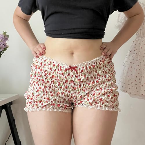 Image of Yuemengxuan Women Y2k Ruffle Shorts Ruched Plaid Shorts Micro Shorts Pajama Bottoms Y2k Cute Fairy Lace Edge Pettipants