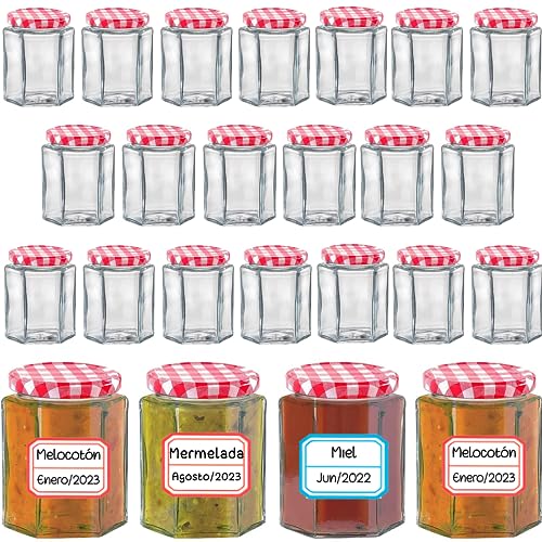 24 Tarros de Cristal Hexagonales con Tapa Herméticos de 95ml - Incluye Etiquetas - Aptos para Lavavajillas - Tarritos Ideales para Mermeladas, Miel, Especias, Cremas… (24)