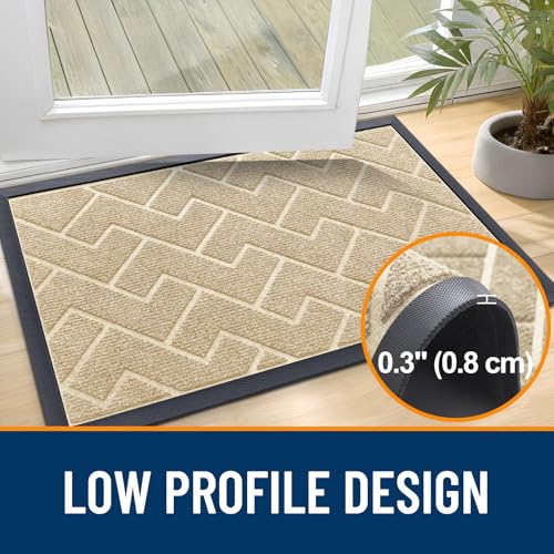 Image of OLANLY Front Door Mat Indoor Outdoor Entrance, Waterproof All-Season, All-Weather Doormat, Sturdy Natural Rubber, Low Profile, Easy Clean Patio Porch Entryway Mat, Herringbone Brick (Beige, 29.5x17)