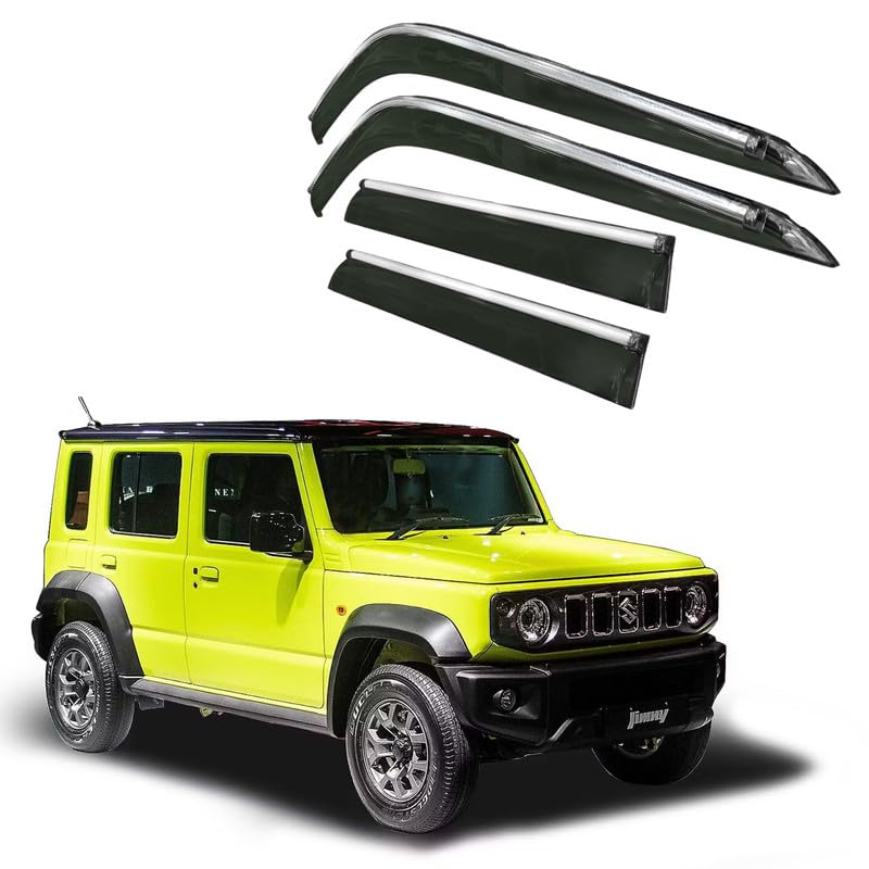 Image of CAR SAAZ Side Door Visors for Jimny (2023-present)(Set of 4Pcs)|Chrome Lined Rain Guards, Polycarbonate, Smoke Finish