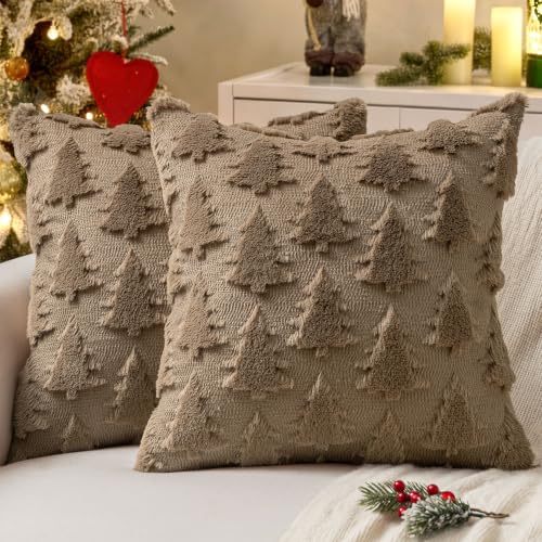 Image of MIULEE Christmas Throw Pillow Covers Coffee Christmas Decorations Set of 2 Xmas Tree 18x18 Pillow Covers Soft Plush Faux Wool Pillowcases Holiday Festivals Winter Home Decor Sofa Couch Bed Porch
