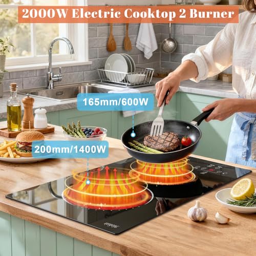 Image of 2 Burner Electric Cooktop Hobsir, 110v Plug In Electric Stove Top Burner, 2000W 12 Inch Two Burners Radiant Electrical Stove, Countertop and Built-in Ceramic Cooktop with Child Safety Lock, Black
