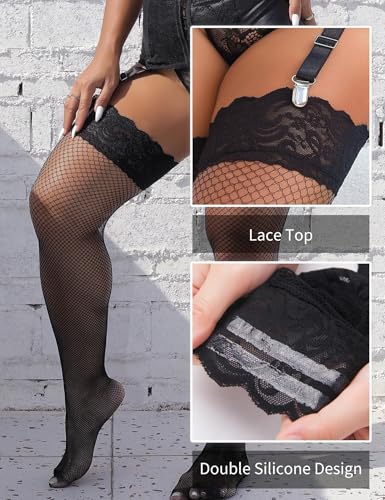 Image of ohyeah Women Fishnet Plus Size Thigh High Stockings XS-5XL Silicone Stay Up Lingerie Lace Top Pantyhose Hosiery