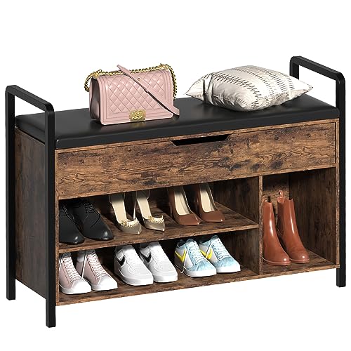 EasyCom Banco de zapatos de madera con cojín, banco de zapatos con reposabrazos y almacenamiento, banco de almacenamiento multifuncional para entrada, dormitorio, sala de estar, marrón rústico