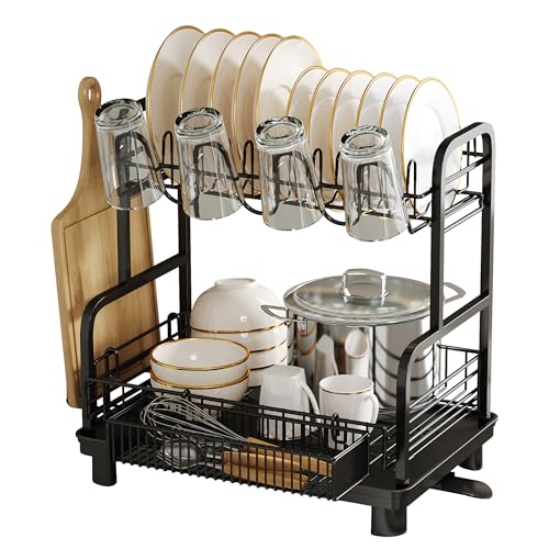 romision Dish Drainer Rack, Stainless Steel Dish Drainer for Kitchen Counter, Black Dish Rack with Drip Tray, Multifunctional Draining Board Rack with Swivel Spout for Kitchen Counter