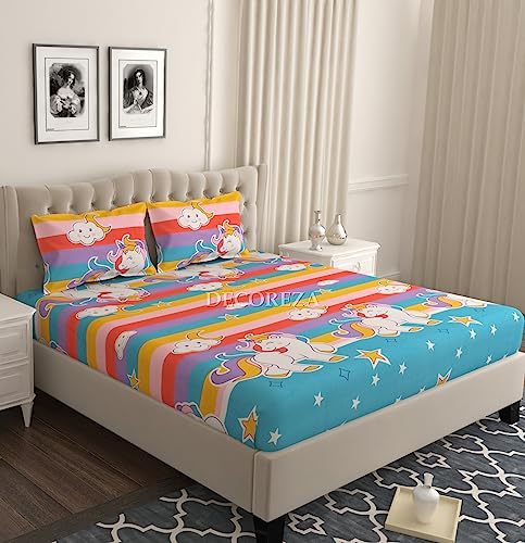 DECOREZA 320 TC Cotton Feel All Around Elastic Premium Elastic Fitted Bedsheets King Size for Double Bed Elastic Fitted with 2 Pillow Covers, Size - 72 x 78 x 8 Inches, Multicolor