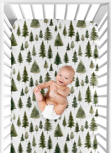 Image of Sweet Jojo Designs Fitted Baby Crib Sheets (Green Woodland Tree) for Boys or Girls, Infant Nursery, Toddler Room - Standard Size (Hunter, Forest Themed, Sage Pine Trees, Woods, Neutral, Christmas Fir)