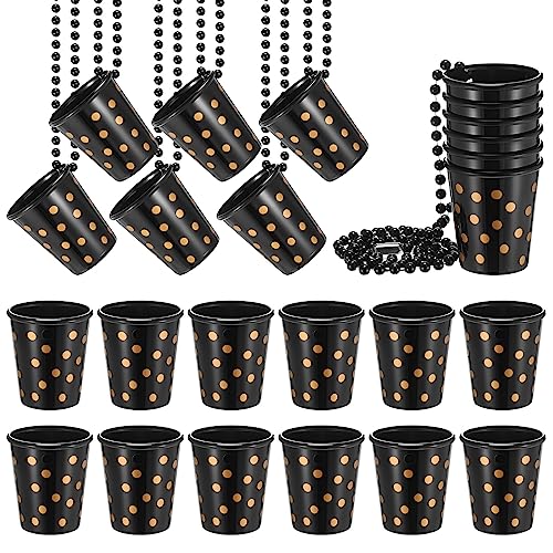Huquary 24 Pcs Shot Glass on Beaded Necklace Black and Gold Plastic Birthday Shot Glass Necklace for Party Supplies Decorations