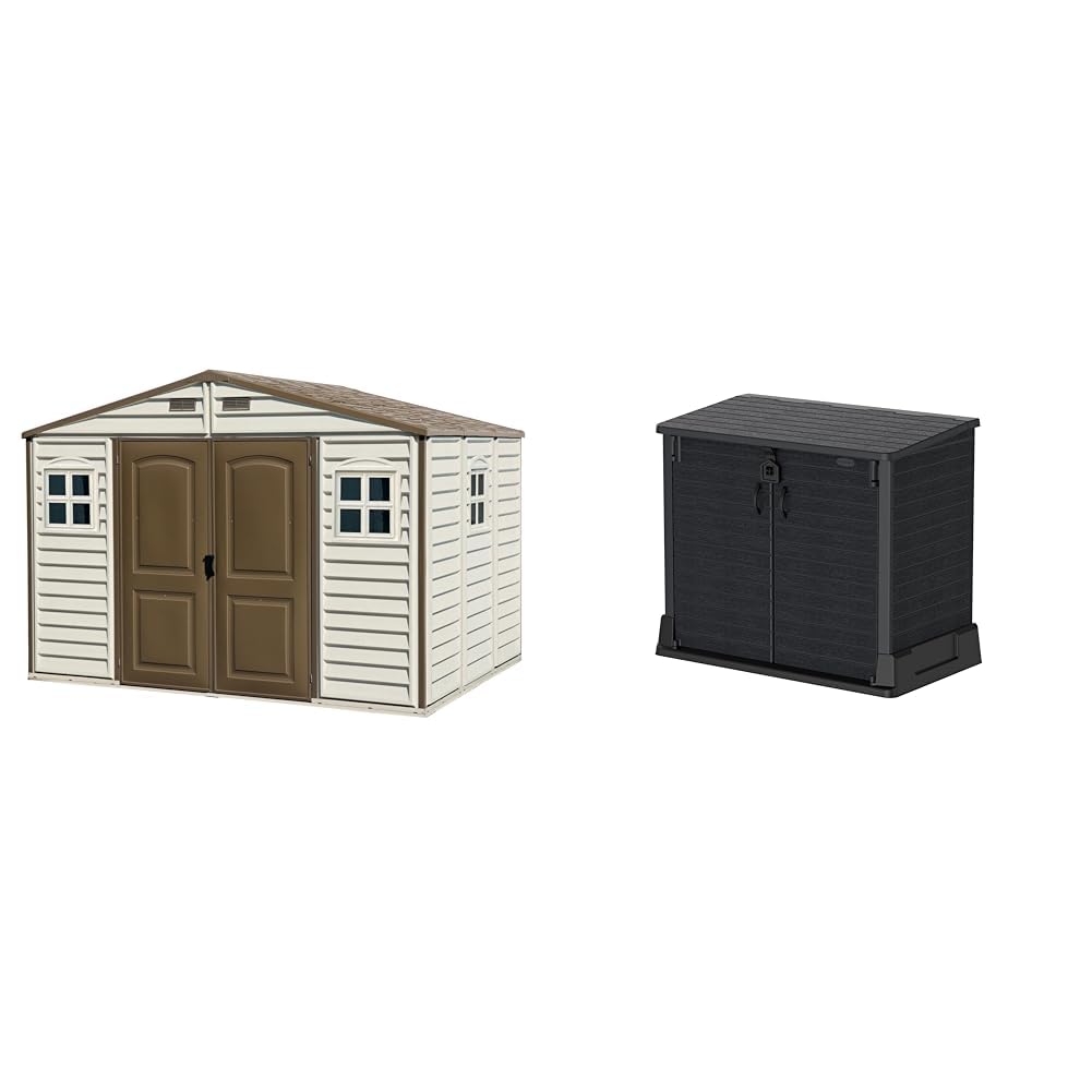 Duramax WoodSide 10 x 8 (8.02 m2) Plastic Garden Shed with 3 Fixed Windows & Metal Foundation Kit & Cedargrain StoreAway 850L Plastic Garden Storage Shed - Outdoor Storage Shed