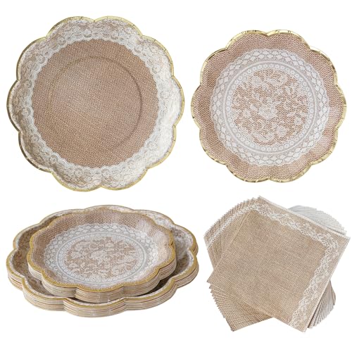 Kate Aspen Burlap & Lace Party Decorations - 62 Piece Rustic Bridal Shower and Wedding Tableware Set for 16 Guests - Disposable Floral Paper Plates and Napkins Party Supplies