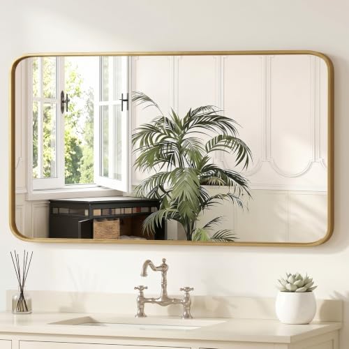 Image of Sweetcrispy Bathroom Wall Mirror, 48x30 Inch Wall Mount Mirror for Over Sink, Modern Rounded Rectangle Vanity Mirrors with Matte Metal Framed, for Home Decor, Living Room, Bedroom, Gold