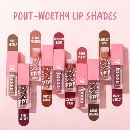 Image of Moody Drip Matte Liquid Lipstick - Scarlet Sway, with Jojoba Seed Oil & Vitamin E | Transferproof, Long Lasting & Vibrant Lip Colors That Last Upto 12 Hours | Paraben Free Lip Tint, 4ml