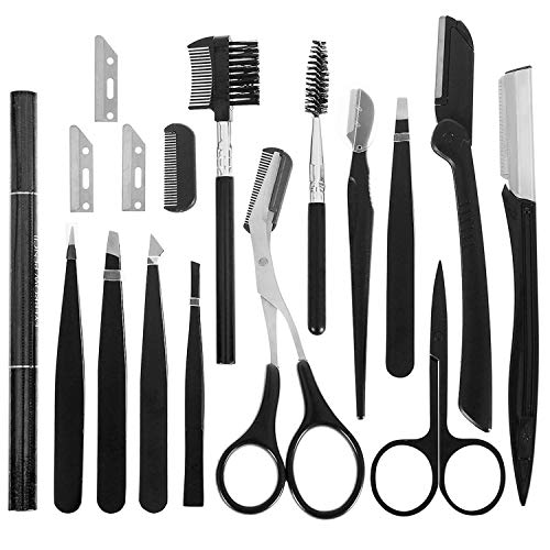 YOPAY 16 in 1 Eyebrow Grooming Kit, Eyebrow Kit Dermaplaning Tool Include Face Razor, Tweezers, Scissors, Comb, Trimmer, Brush, Beauty Tools Set for Men,Women into Clear Bag (6.3