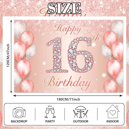 Image of Happy 16th Birthday Rose Gold Banner Cheers to 16 Years Old Backdrop Confetti Balloons Theme Decor for Girls 16 Years Old Pink Birthday Party Decorations Bday Supplies Background Favors Gift Glitter