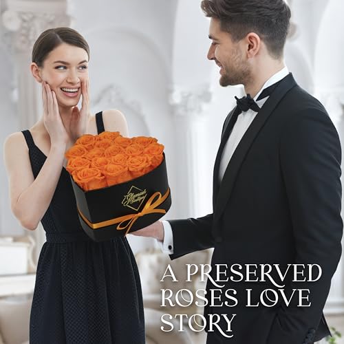 Image of GLAMOUR BOUTIQUE 16 Flower Forever Heart Shape Box, Mothers Day Gift For Mom, Eternal Preserved Roses Gift for Her, Flowers bouquet, For Birthday, Anniversary, Girlfriend - Orange (Color-Treated)