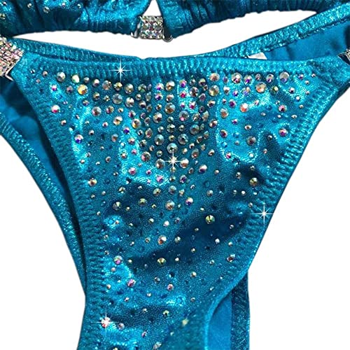 Competition Bikini Suit Turquoise Blue Bikini Clustered Ab Rhinestones Regulation Cut4