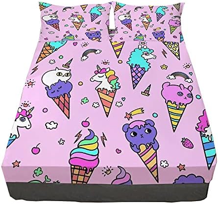 Mkikejoy Ice Cream Bed Sheet Set, Soft Cozy Microfiber Decorative Sheet Set 3D Unicorn Cat Dessert Colorful Bedding Set for Kids Girls Teens Queen Set 1 Fitted Sheet with 2 Pillowcases(No Flat Sheet)