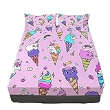 Mkikejoy Ice Cream Bed Sheet Set, Soft Cozy Microfiber Decorative Sheet Set 3D Unicorn Cat Dessert C
