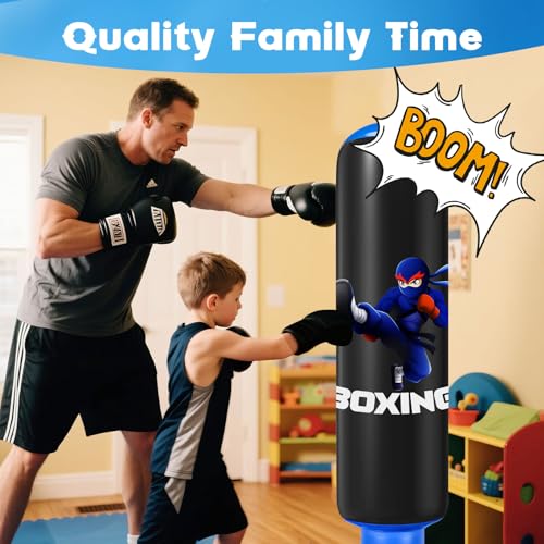Boxsack für Kinder, Qoosea 160cm Boxsack Stehender Aufblasbarer Standboxsack mit Boxhandschuhe UNE Pumpe, Geschenk für Jungen & Mädchen von 3–12 Jahren Üben von Karate, Kickboxen,Taekwondo