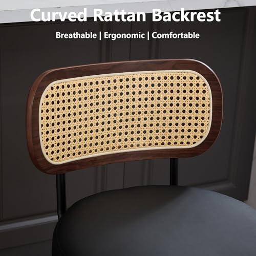 Image of Set of 3 Mid-Century Modern Swivel Bar Stools, 26 inch Kitchen Island Stools with Rattan Back & Bentwood Walnut Legs, Black Faux Leather Counter Stools