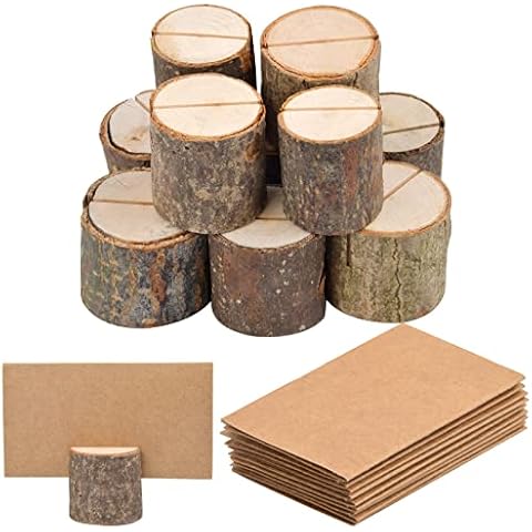 Wooden Place Card Holders, 10 Holders+10 Kraft Paper Rustic Real Wood Base, Wedding Table Numbers Holder Menu Holder Name Card Memo Photo Picture Note Clip Holder for Party Wedding Decoration Cover
