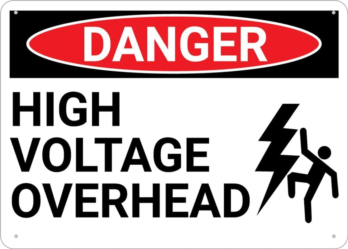Danger High Voltage Overhead Rust Free Aluminum Tin Sign - Warning Decor with Pre-Drilled Holes for Indoor-Outdoor Power Line, Construction Site Overhead Cable - 8x12 Inch​
