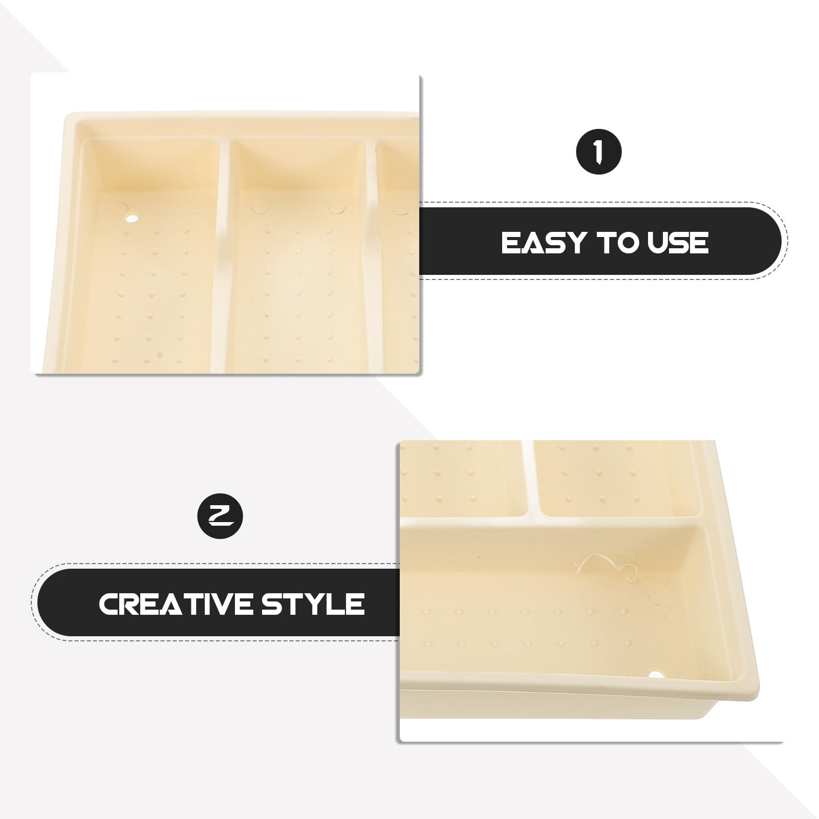 Organizador de Cubiertos de Gran Capacidad Tapa para Cocina, Caja de Almacenamiento de Utensilios de Cocina Diseño Drenaje y Material Pp Beige Rectangular