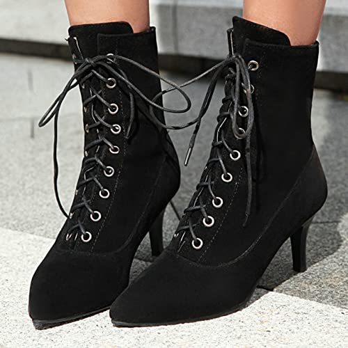 UniqueStride Womens Lace up Stiletto High Heel Ankle Boots Pointed Toe Faux Suede Retro Ankle Booties4